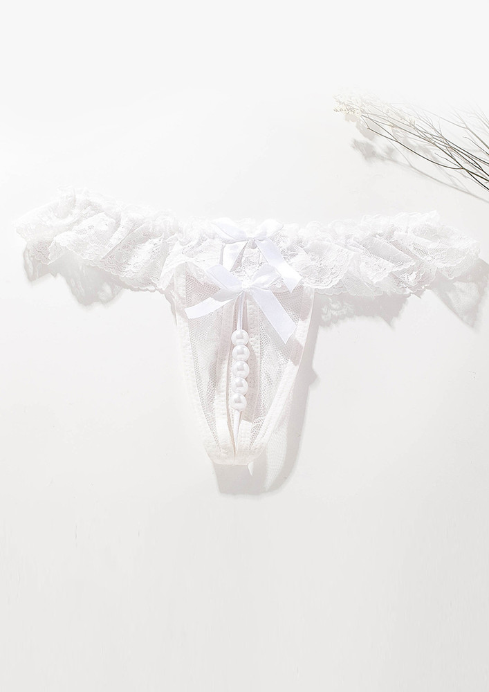WHITE OPEN-CROTCH PEARL STRAP LACE THONG