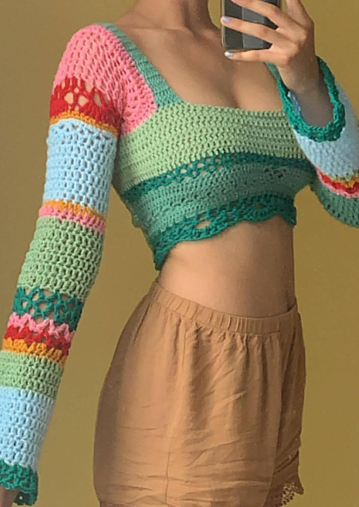 Blue Crochet Colorblock Crop Top