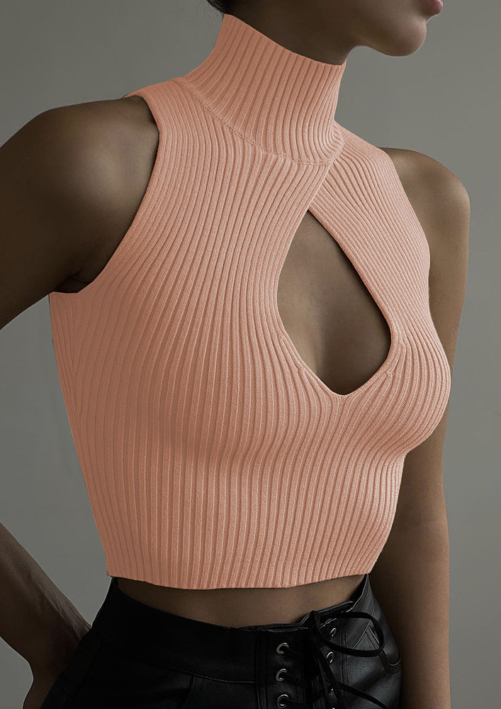 PINK RIB-KNIT FITTED CUT-OUT VEST