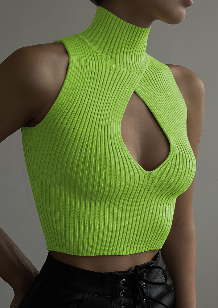 GREEN RIB-KNIT FITTED CUT-OUT VEST