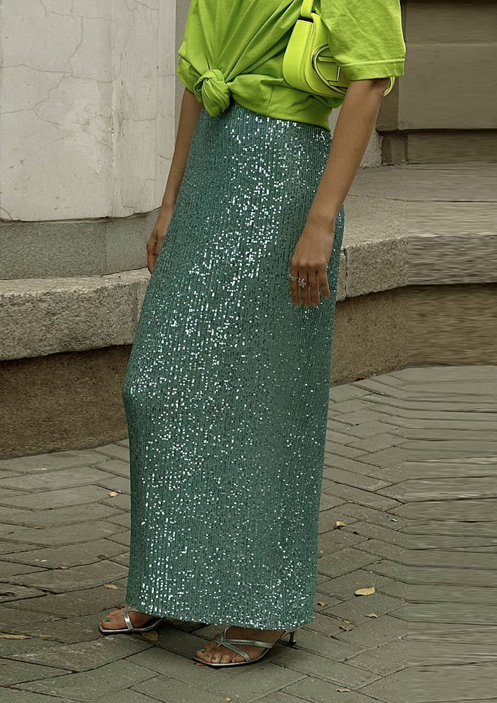GREEN LOW-WAISTED SEQUIN MAXI SKIRT