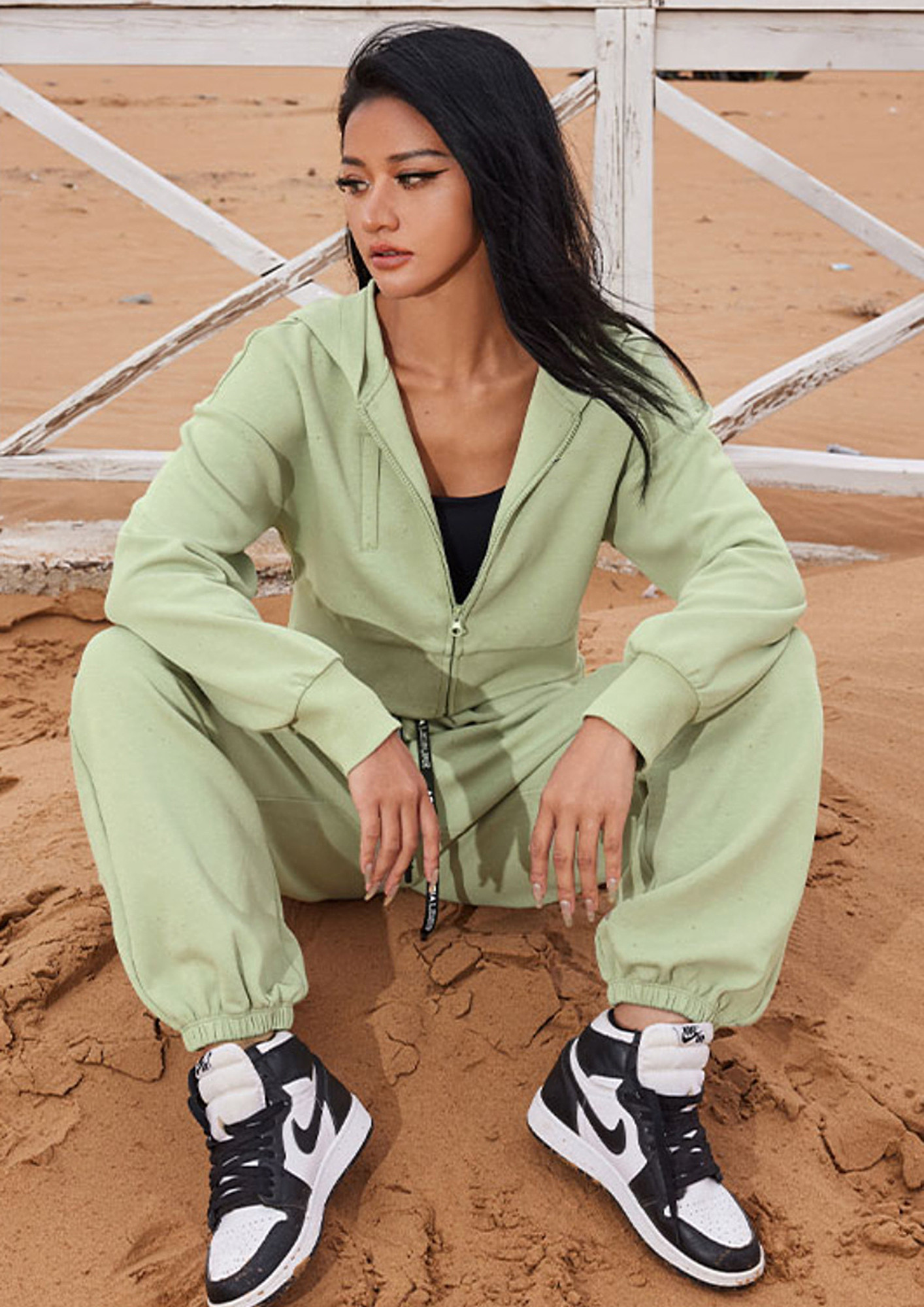 Buy Green Zip-fly Cropped Hoodie & Loose Fit Jogger Set for Women