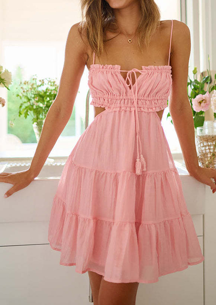 CUT-OUT DETAIL TIERED PINK SKATER DRESS