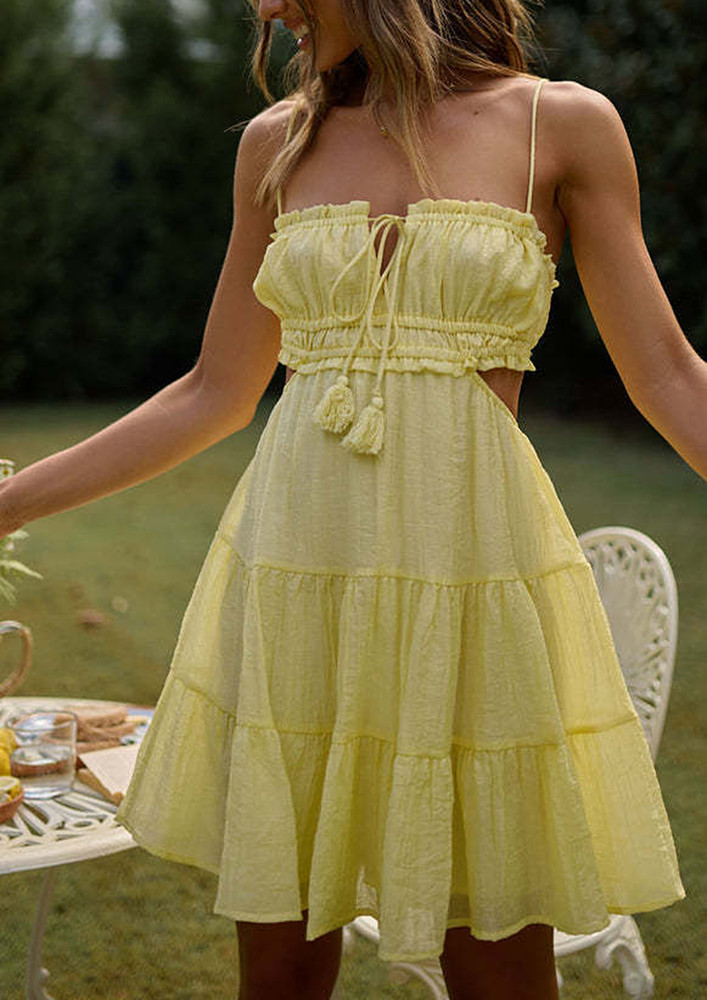 CUT-OUT DETAIL TIERED YELLOW SKATER DRESS