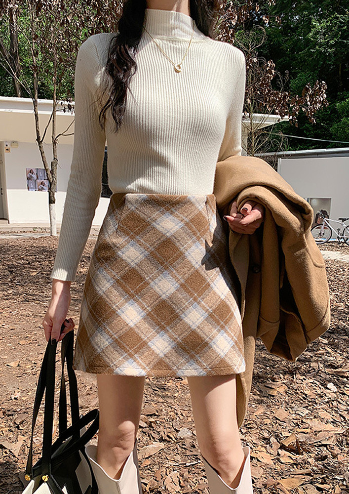 Khaki A-line Plaid Pattern Short Skirt