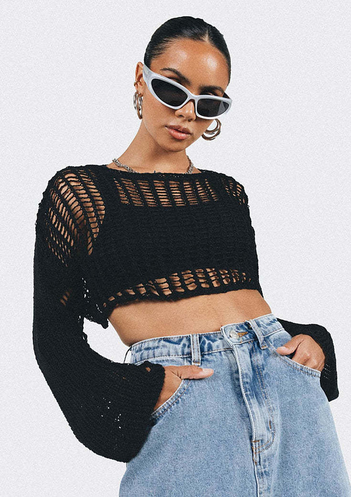 Black Hollowed-out Crop Top