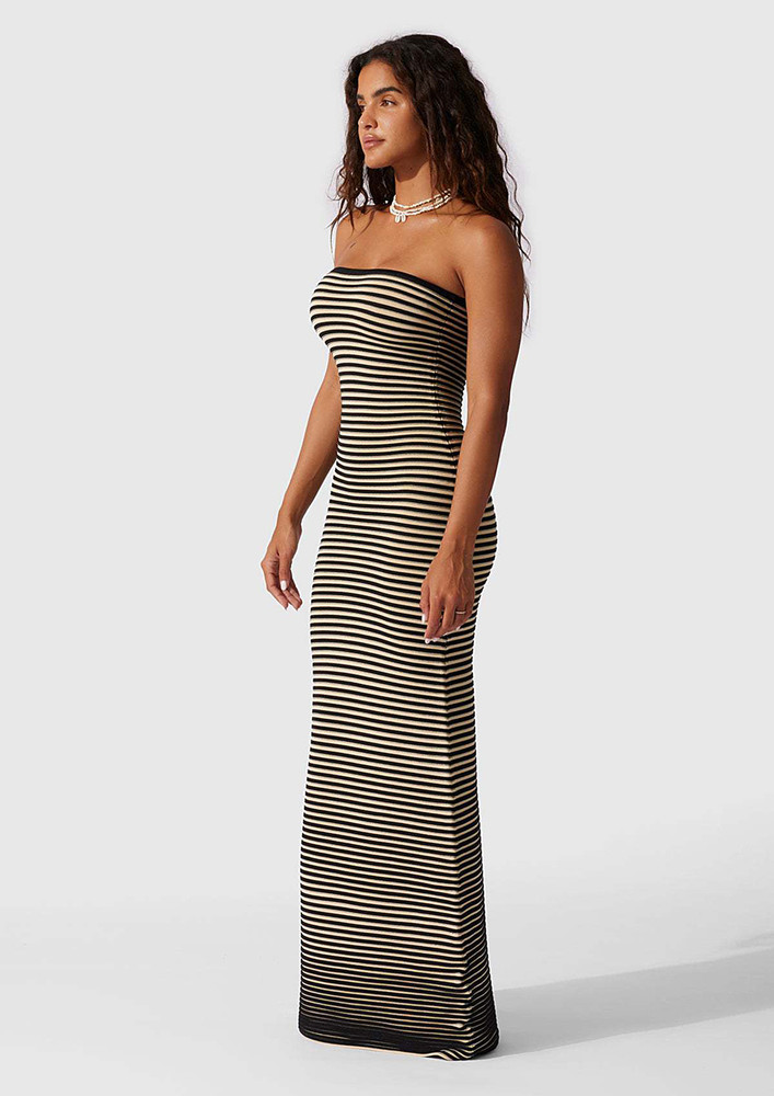 Black Long Stripe Print Bandeau Dress