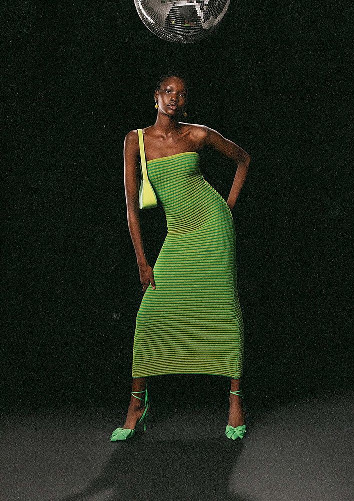 Green Long Stripe Print Bandeau Dress
