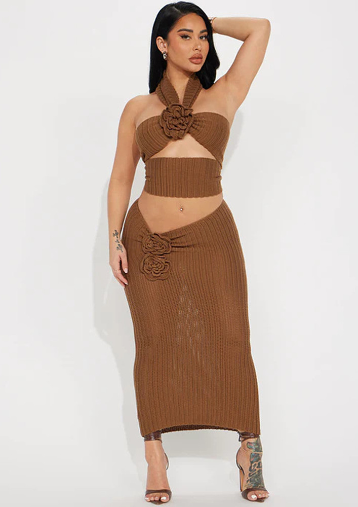 Dark Brown Halter Neck Top & Long Skirt