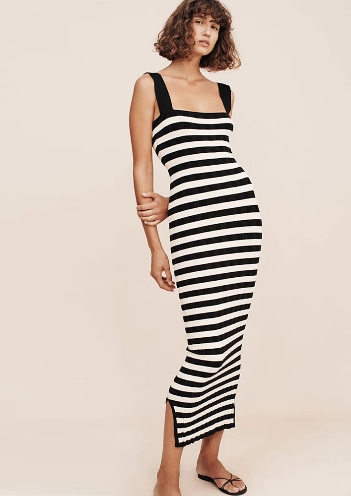 Black & White Striped Maxi Dress with Side Slit