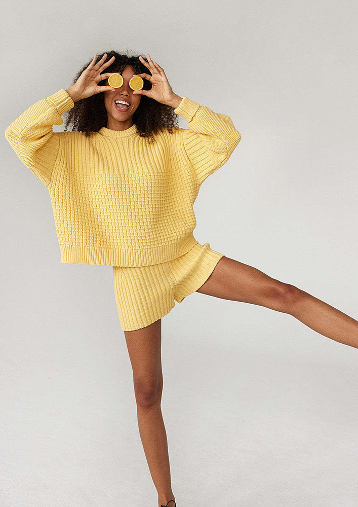 Yellow Round Neck Jumper With Ribbed Shorts