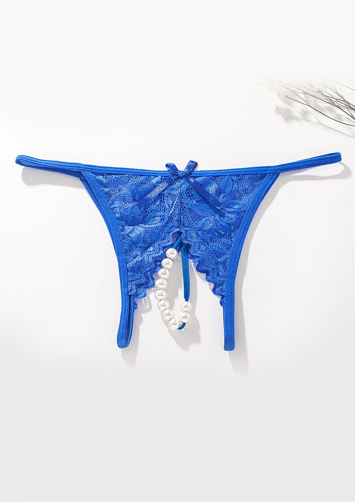 BLUE HOLLOW-OUT PEARL-STRAP THONG