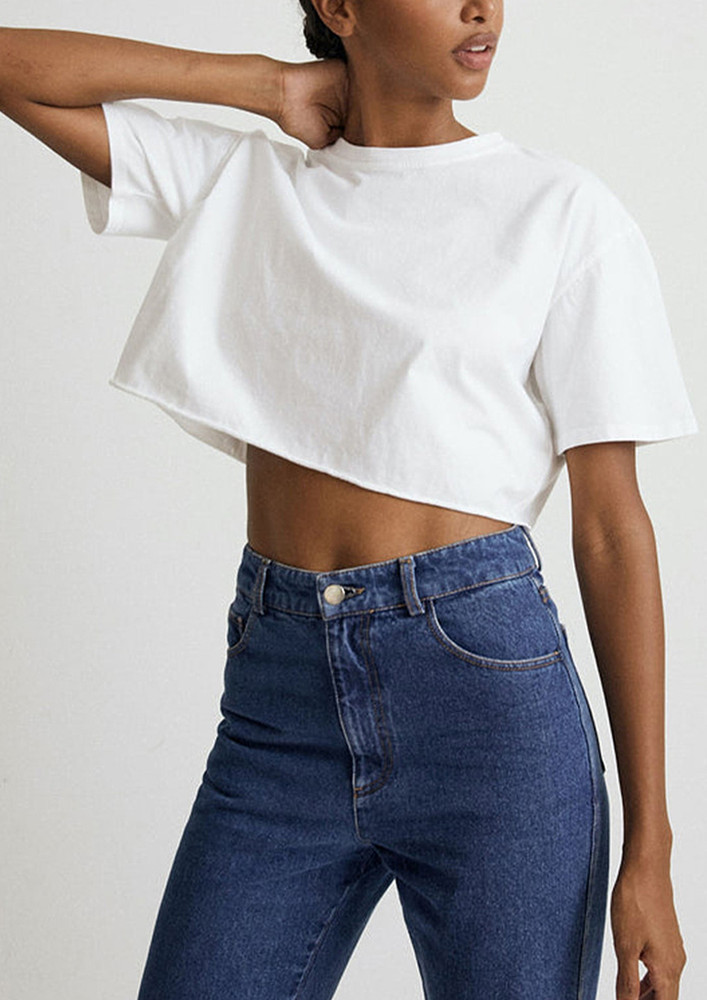 White Boxy Fit Cotton Cropped T-ee