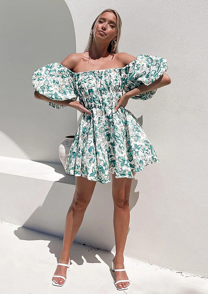 Green Printed Off-shoulder Short Dress