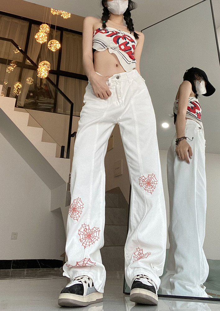 WHITE CONTRAST PRINTS STRAIGHT JEANS