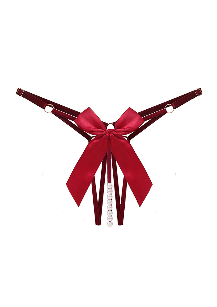 PEARL-STRAP BOW DECOR CLARET THONG