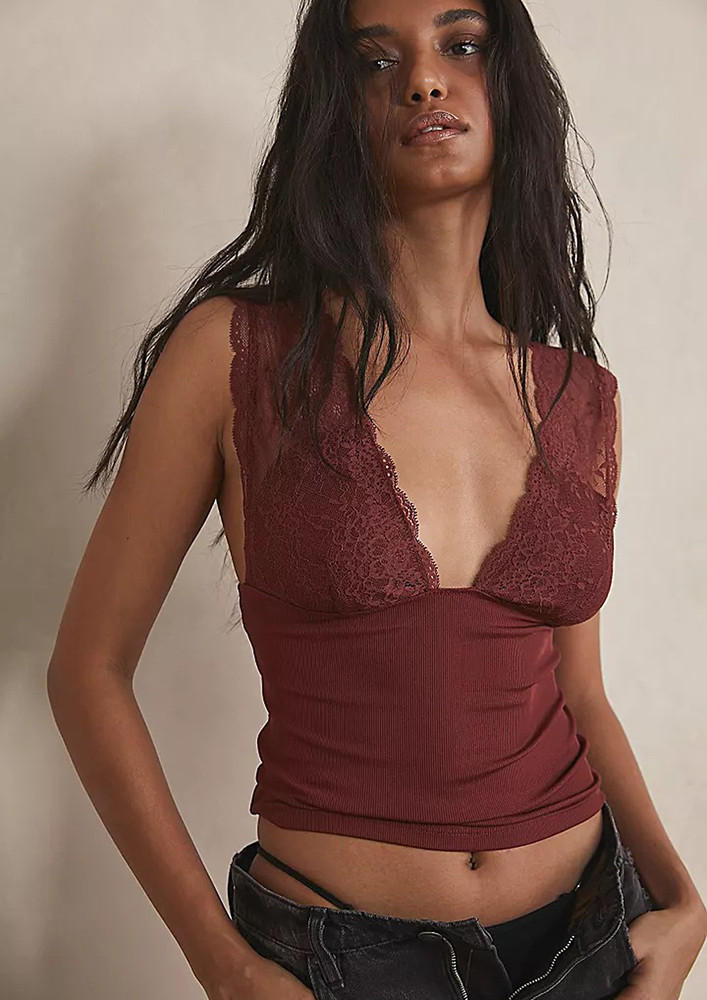 Deep Red Plunge Neck Lace Detail Top