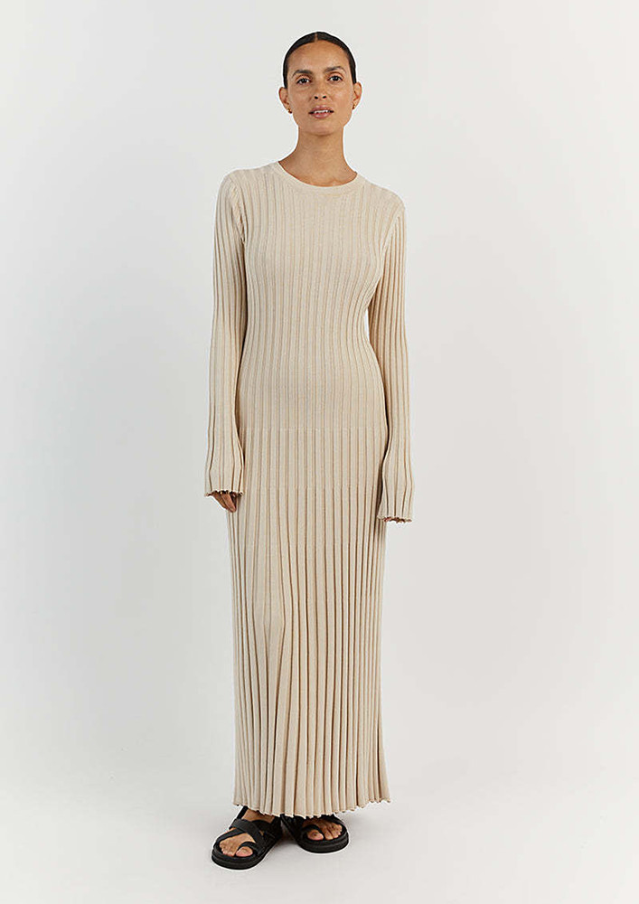 Off-white Pleated A-line Crew Neck Long Dress