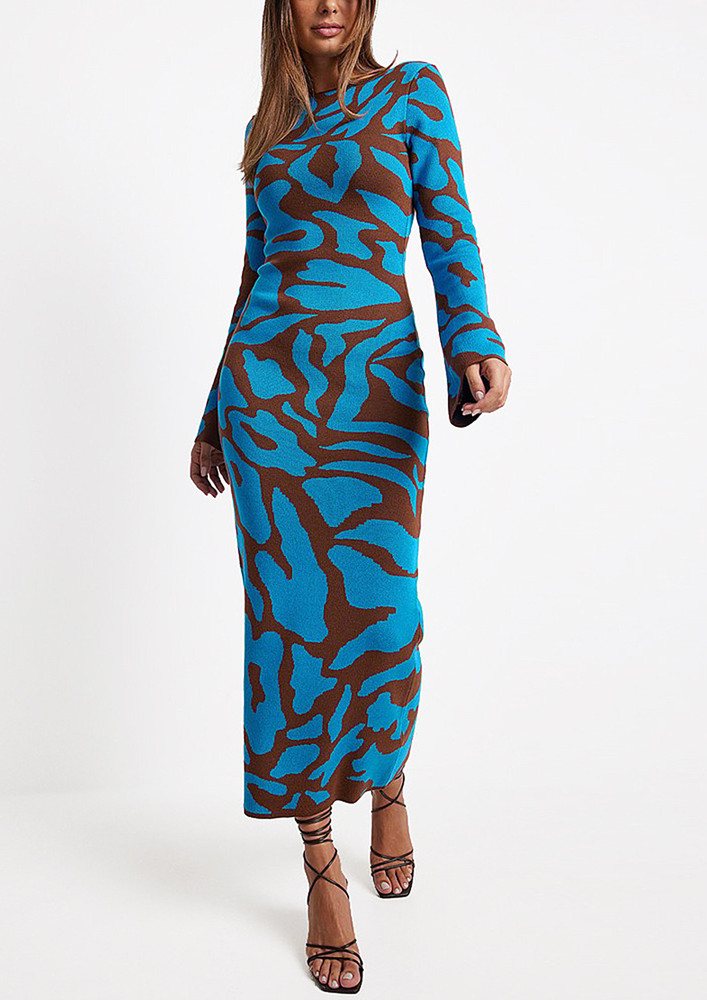 Blue And Brown Knitted Sheath Long Dress