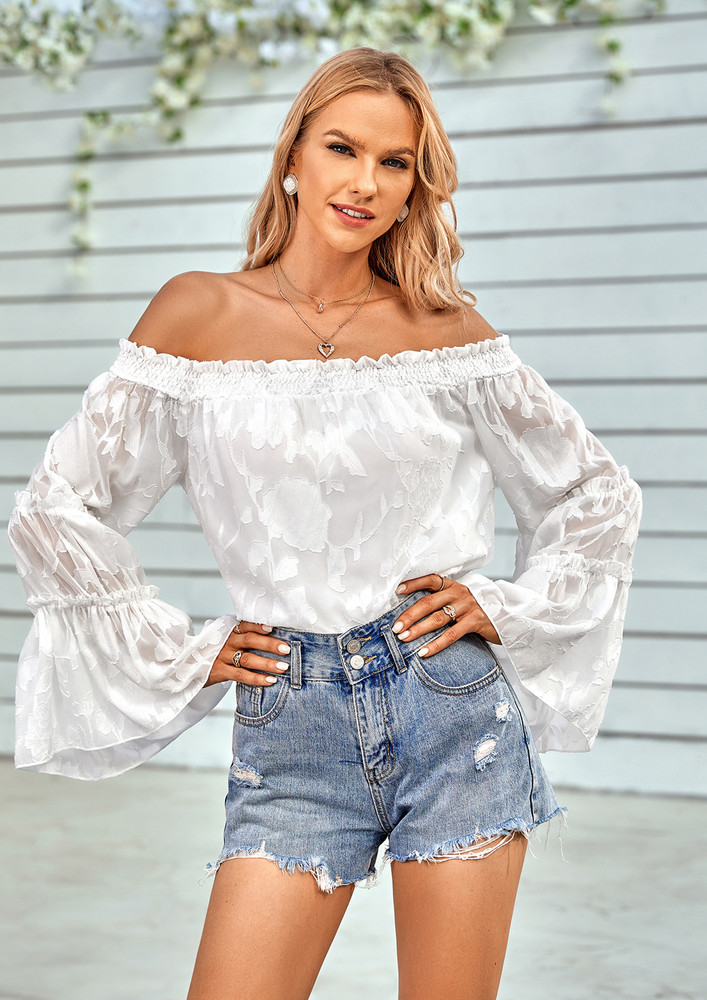 OFF-SHOULDER LACY-FLARED SLEEVE WHITE TOP
