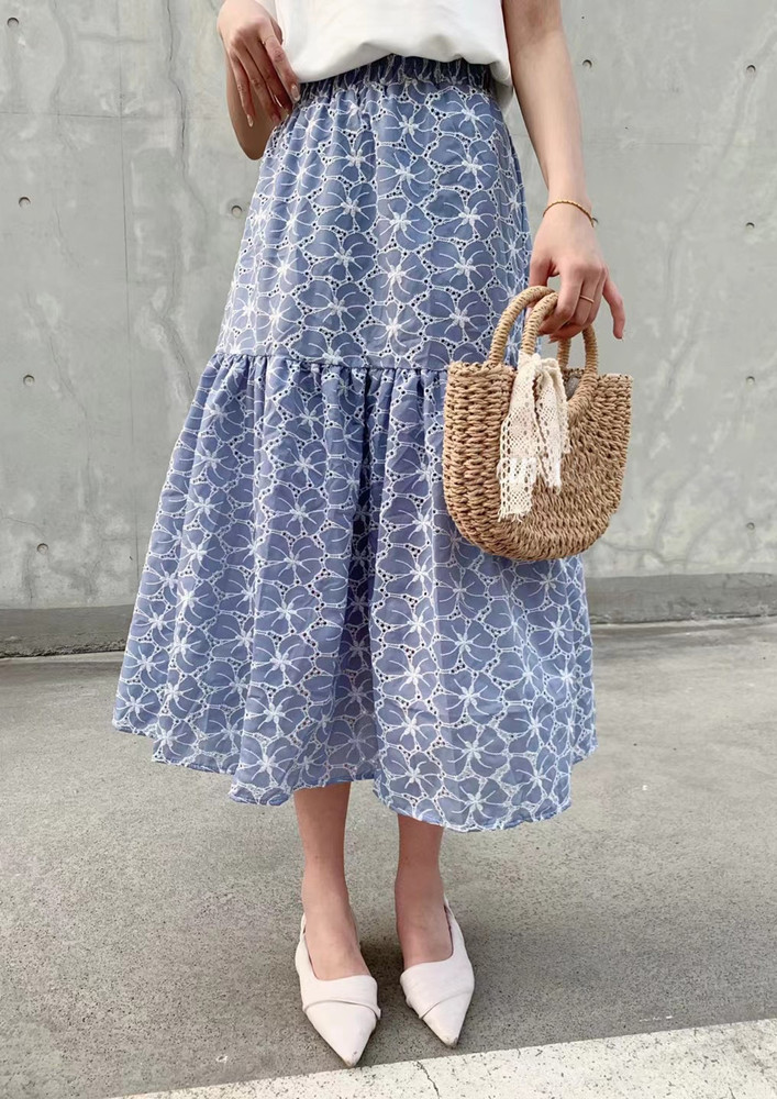 HOLLOW EMBROIDERY BLUE MIDI SKIRT