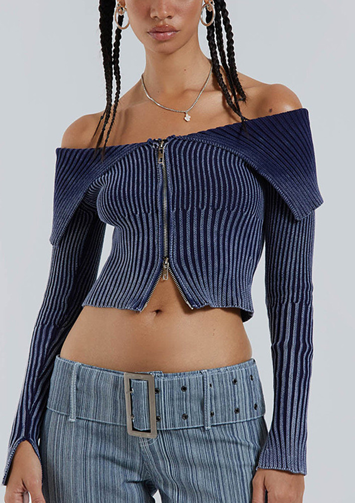 BLUE RIB-KNIT DOUBLE-ENDED ZIPPER TOP