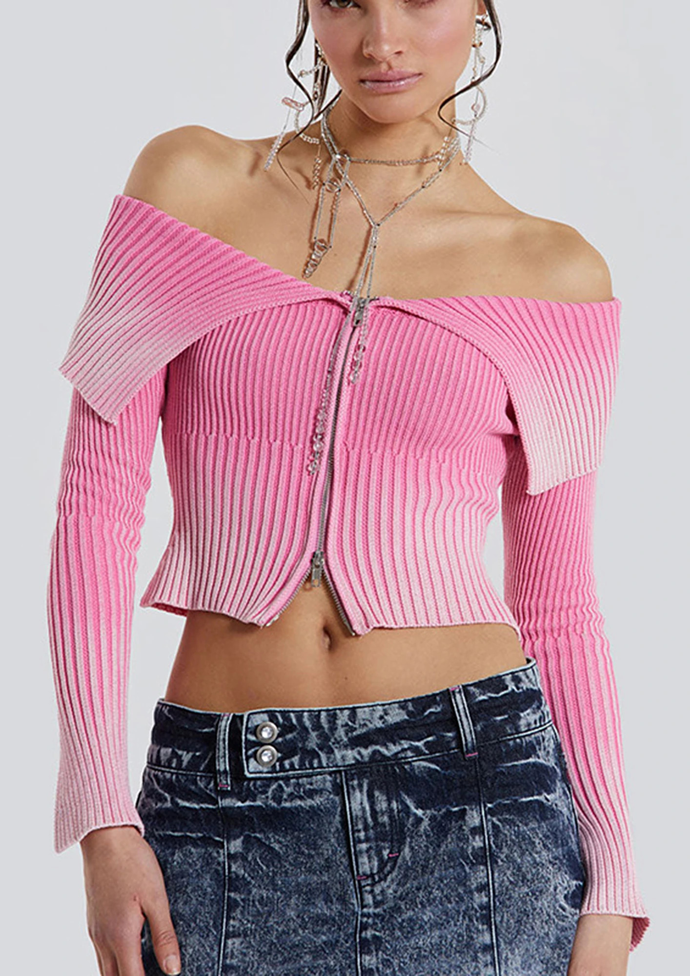 PINK RIB-KNIT DOUBLE-ENDED ZIPPER TOP