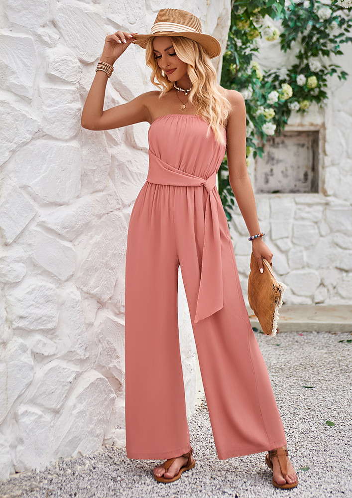 Pink Knot-tie Wide Strapless Jumpsuit