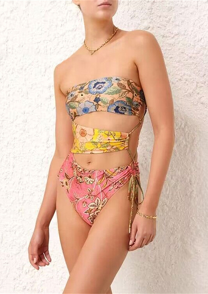 Floral Pattern Strapless Cut-out Swimsuit