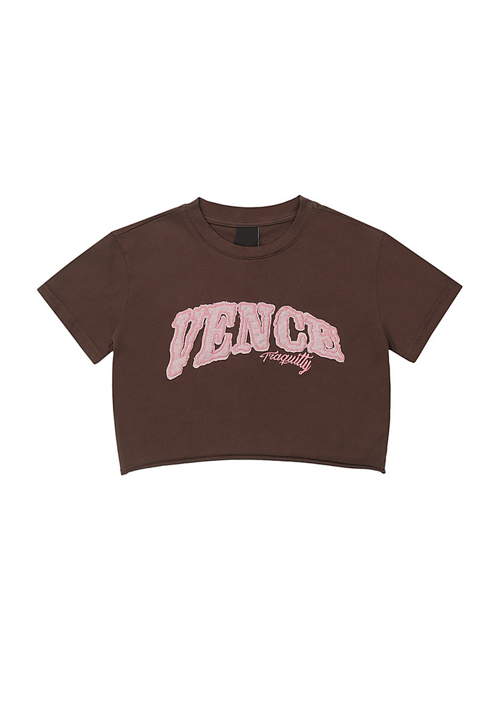 Brown Letter Embroidery Cropped Tee