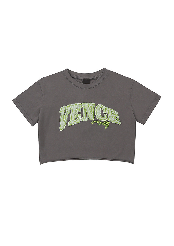 Grey Letter Embroidery Cropped Tee