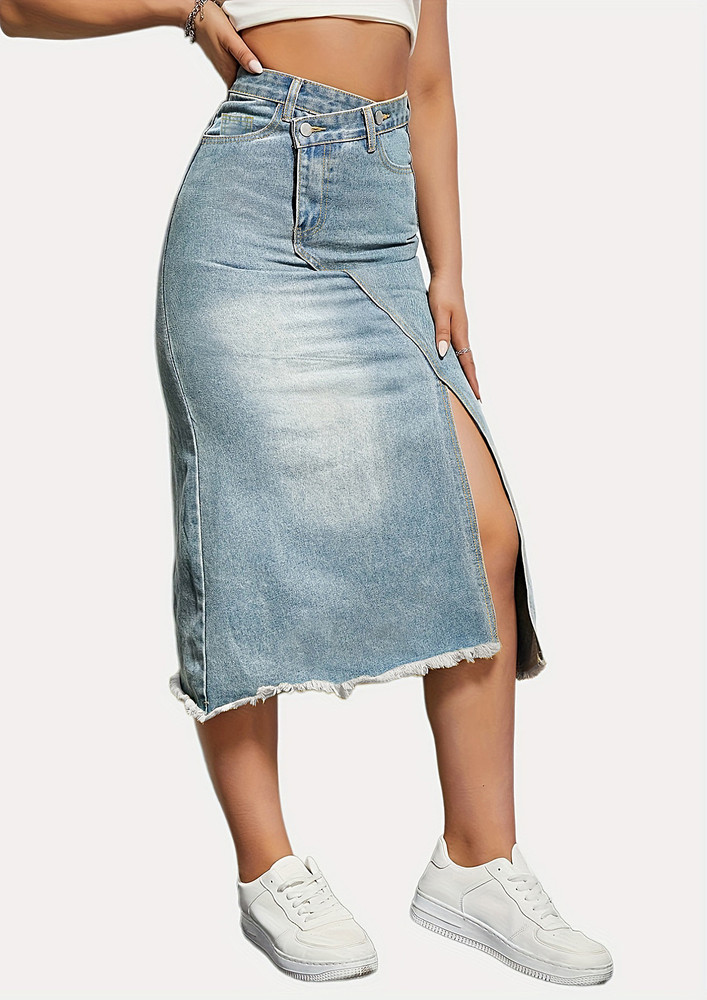 Light Blue Fray-edge Denim Midi Skirt