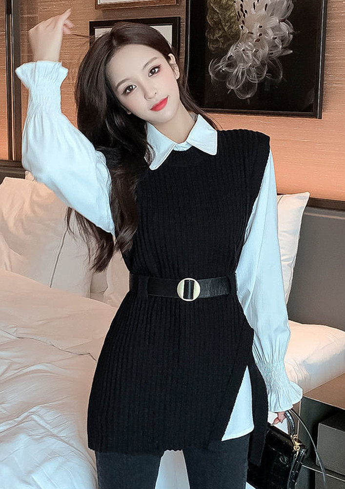THREE PIECE BLACK SHIRT WITH BELTED VEST