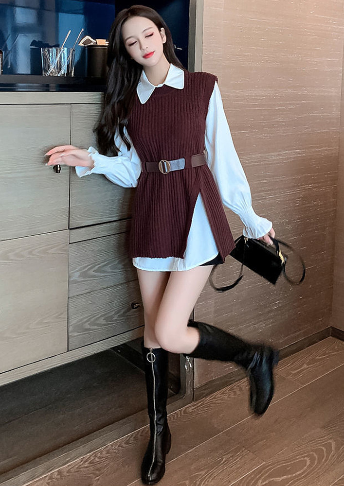 THREE PIECE BROWN SHIRT WITH BELTED VEST