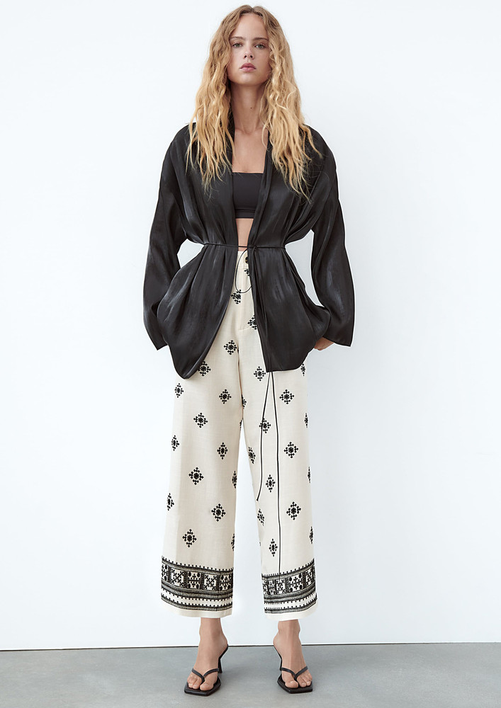 WHITE PRINTED LINEN WIDE TROUSER