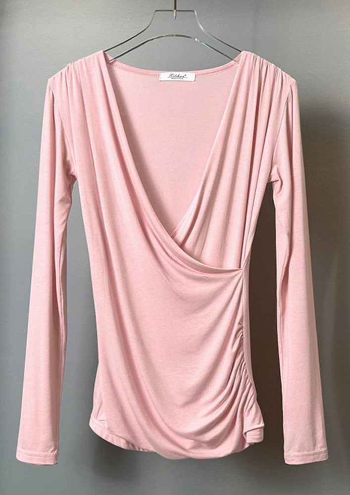 PINK PLUNGING-NECK RUCHED SLIM TOP