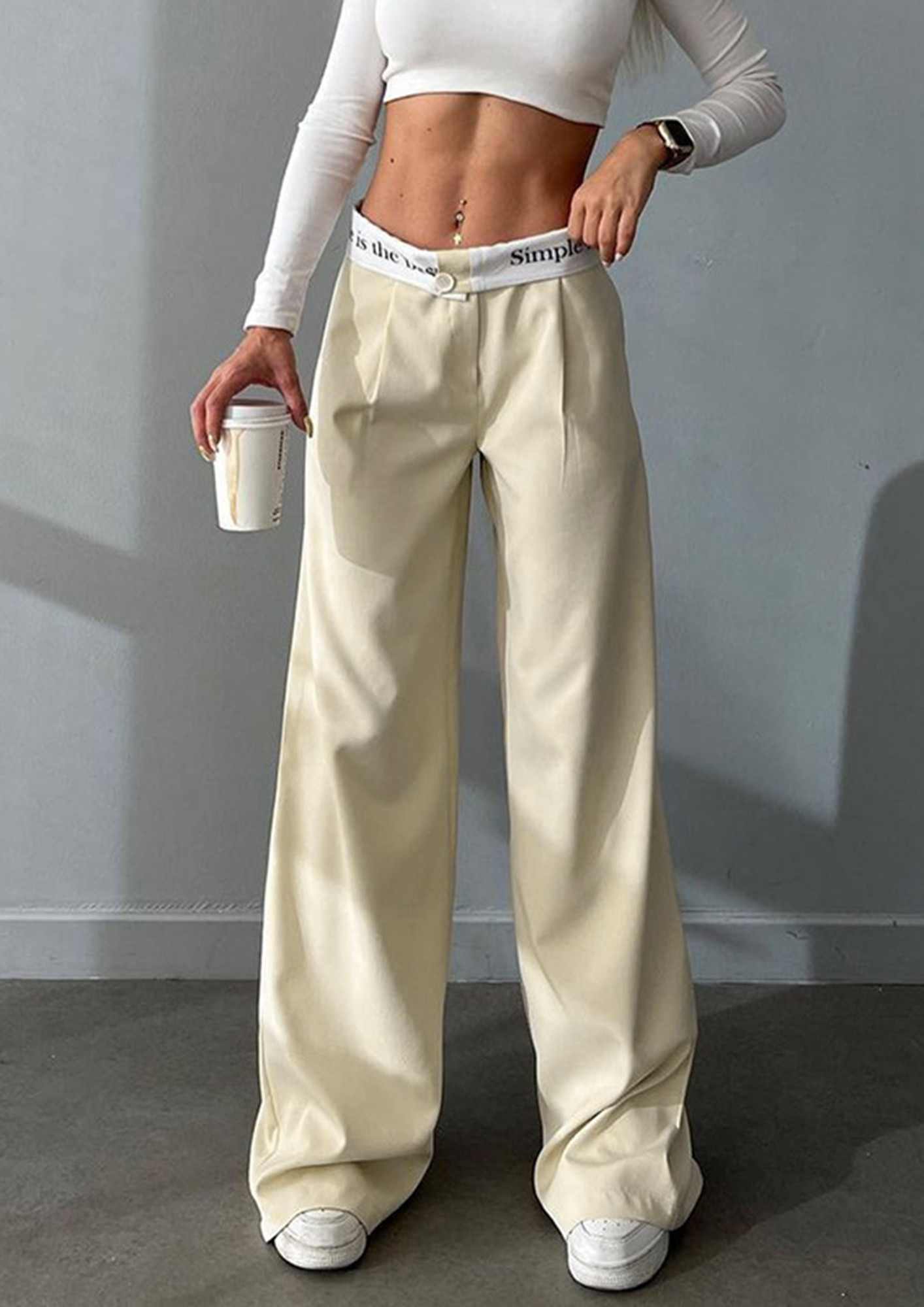 OFF-WHITE PRINTED-WAIST WIDE TROUSER