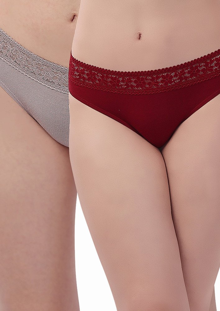 SOIE Mid Rise Full Coverage Super Soft Micro Modal Lace Detailed Brief (Pack of 2)-Brown & Maroon