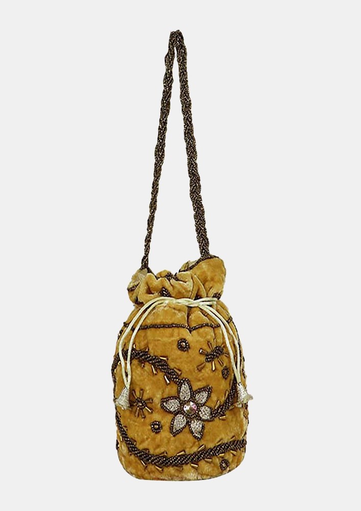 Charming Velvet Golden Potli Bag With Beaded Tassels For Girls