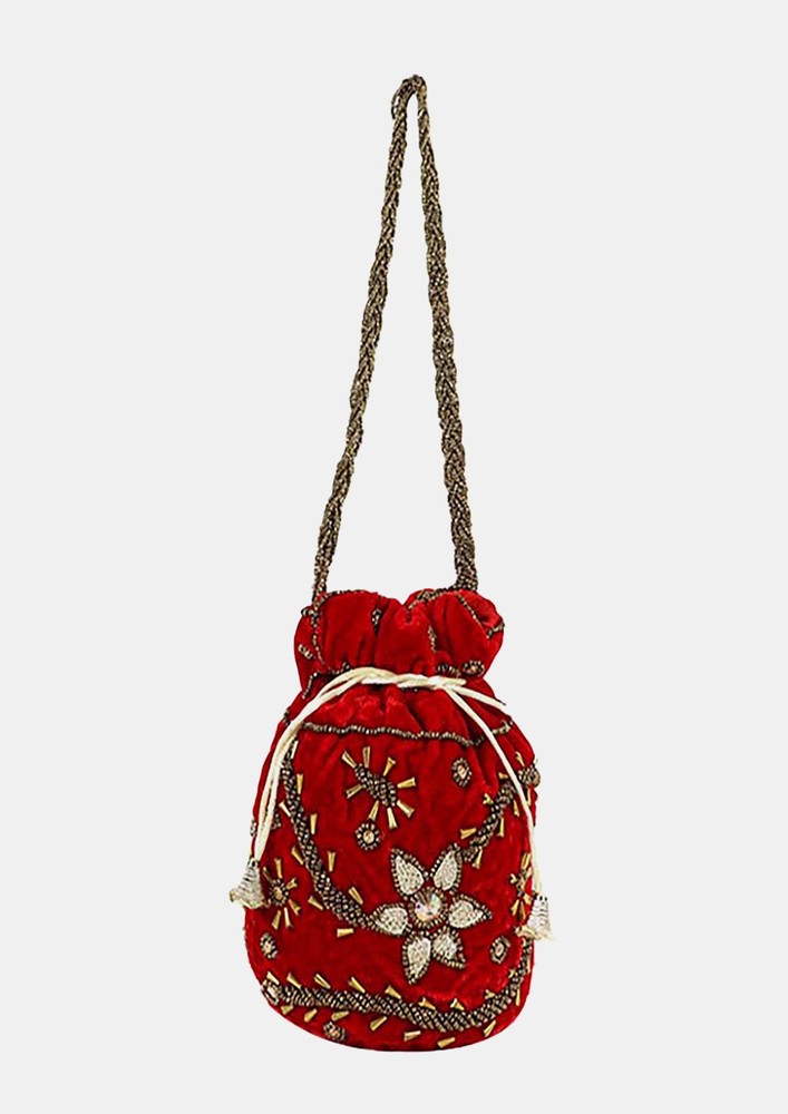 Charming Velvet Red Potli Bag With Beaded Tassels For Girls