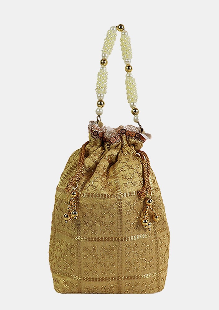 Stylish Raw Silk Potli Bag With Intricate Embroidery For Girls