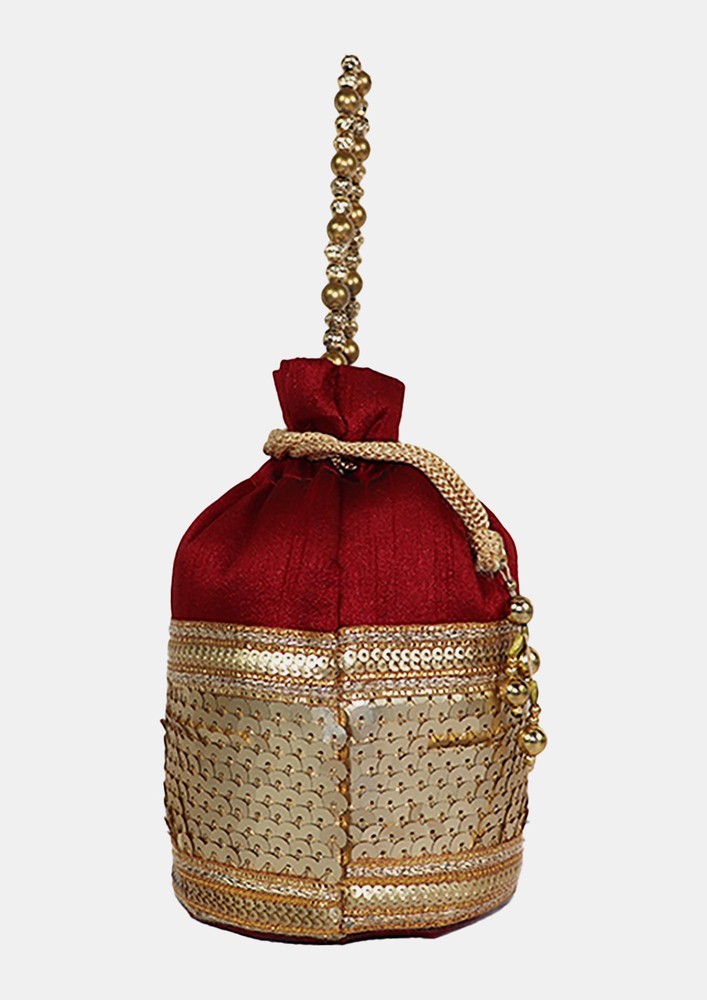 Stylish Raw Silk Maroon Potli Bag With Intricate Embroidery For Girls