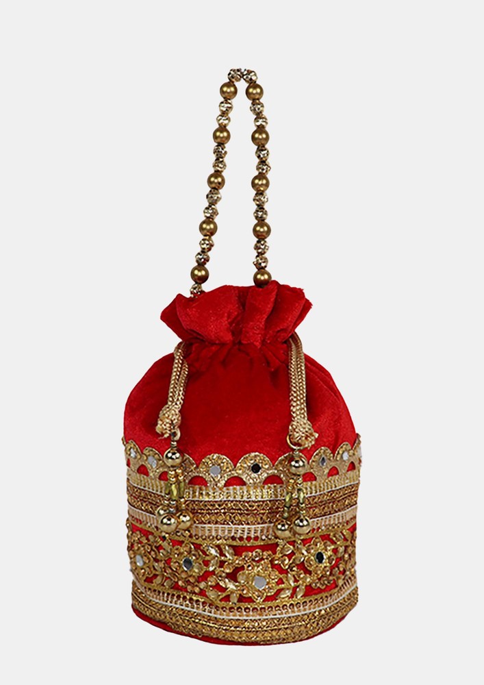 Gorgeous Ethnic Red Color Velvet Potli Bag For Women And Girls