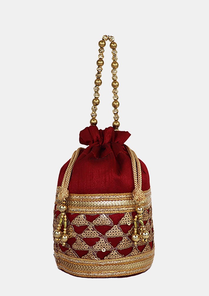 Stylish Raw Silk Maroon Potli Bag For Women And Girls
