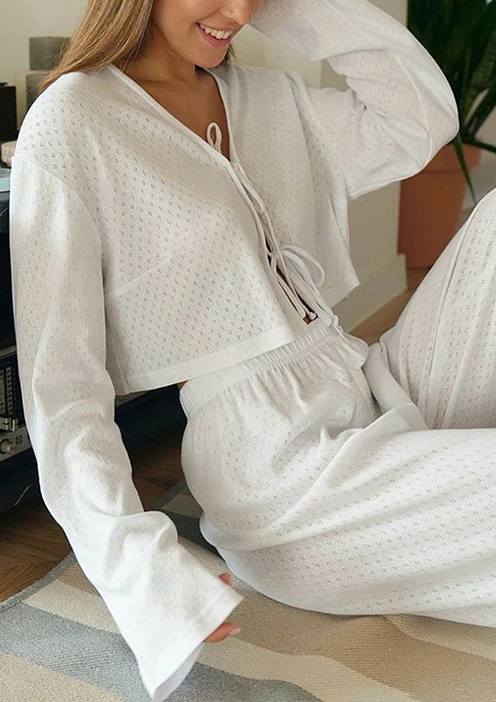 White Tie-up Front Pyjama Set
