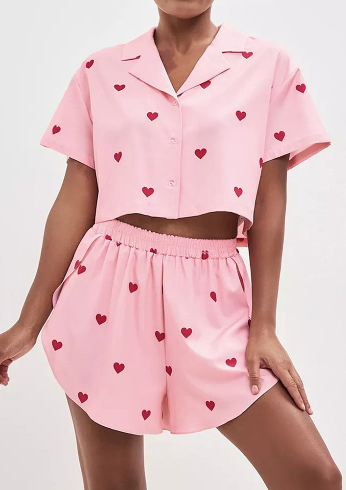 Pink Heart Motif Print Loungewear Set