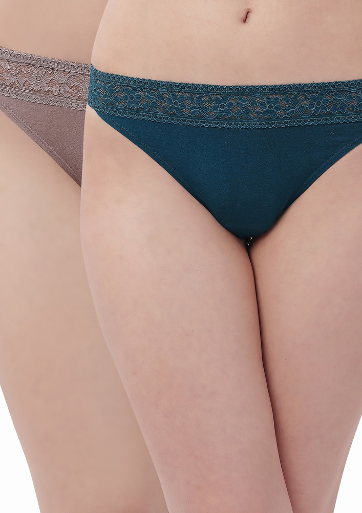 SOIE Mid Rise Super Soft Micro Modal Lace Detailed Thongs (Pack of 2)-Brown & Teal