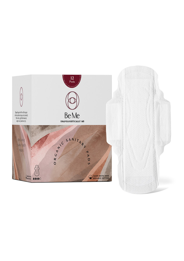 Be Me - Sanitary Pads for Women - LARGE (Moderate - Heavy Flow) - Pack of 12 Pads - With Disposal Pouches, Rash Free, Biodegradable, Anti Bacterial Napkins.