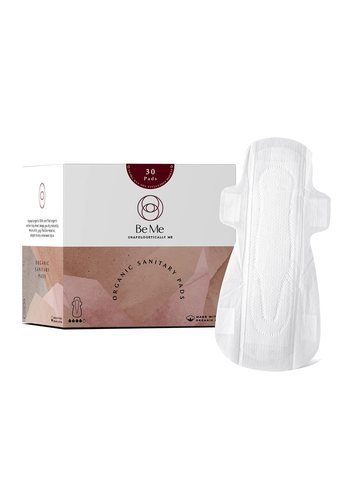 Be Me - Sanitary Pads for Women - LARGE (Moderate - Heavy Flow) - Pack of 30 Pads - With Disposal Pouches, Rash Free, Biodegradable, Anti Bacterial Napkins.