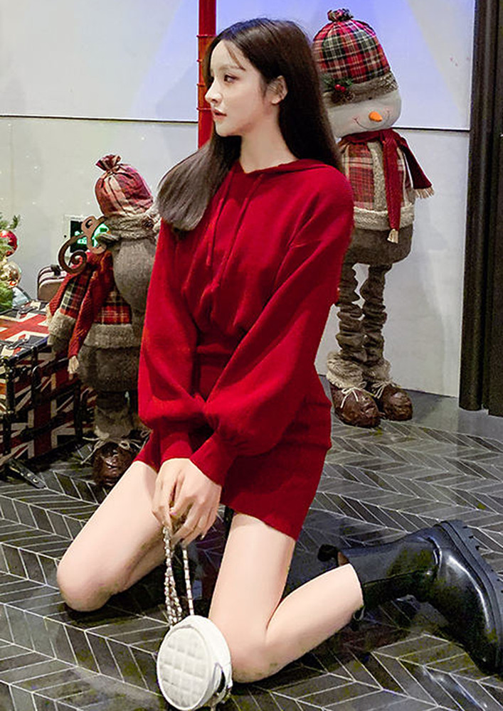 RIBBED RED FREE SIZE HOODED DRESS